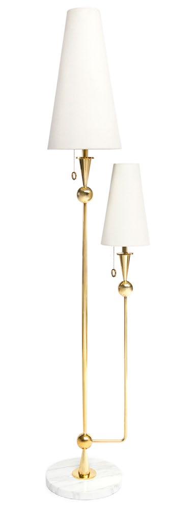 CARACAS TRIPOD FLOOR LAMP Black enameled metal frame with antiqued brass accents and white milk glass shades 19 Dia.