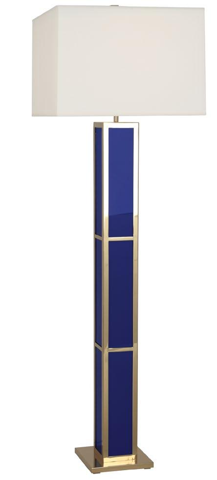 Emerald Navy BARCELONA FLOOR LAMP Glossy panels of acrylic encased in a brass frame with perforated metal diffuser and a fabric shade Available in emerald or navy