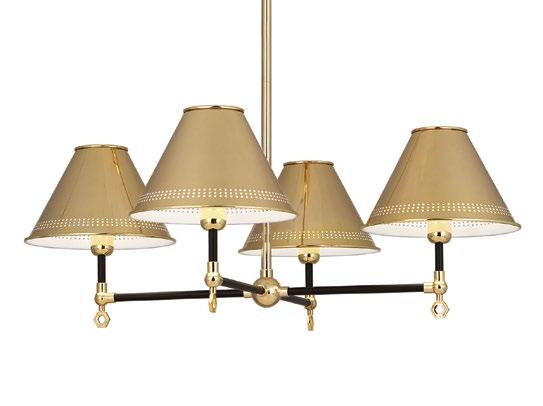 Black/ ST. GERMAIN CHANDELIER Four lights with perforated metal shades Available in polished brass, polished nickel, or polished brass with satin black accents 32.5 Dia.