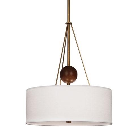 OJAI CHANDELIER Aged brass with walnut accents and an oyster linen shade 21 Dia., 24 H Min drop: 29.25, Max drop: 71.
