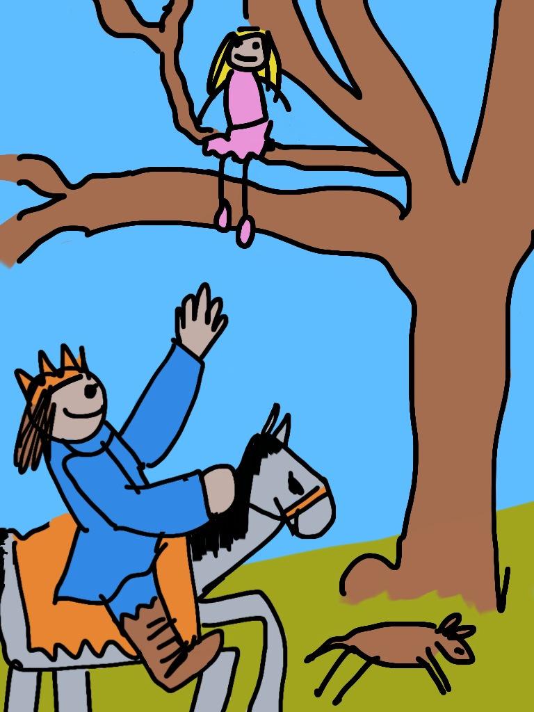 The Princess promised herself that she d be quiet for seven years. One day, a young king rode into the wood. He was hunting. He saw the Princess sitting in a big tree.
