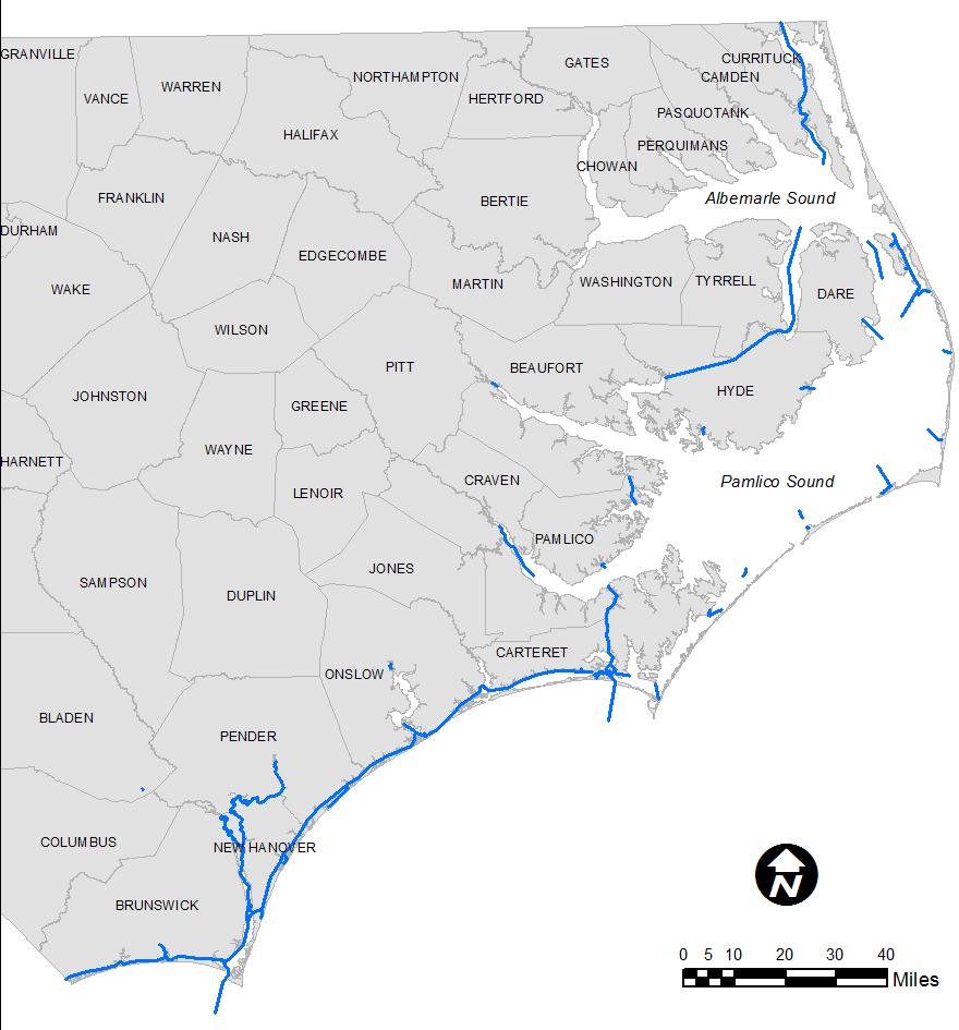 Over 1500 miles of Navigable Channels 2 Deep Draft Ports Wilmington Harbor Morehead City Harbor 300 miles Atlantic Intracoastal Waterway 7 Shallow Draft inlets Oregon Inlet Bogue Inlet New