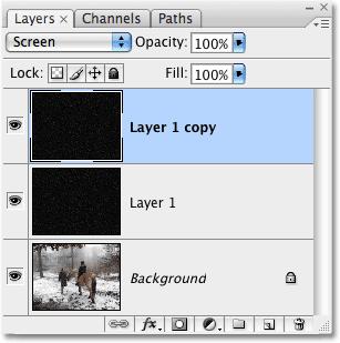 Our Layers palette shows that we're back to having two snowflakes layers, except this time, each layer contains all of our snowflakes: The Layers palette once again shows "Layer