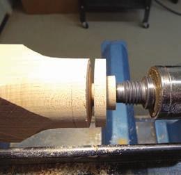 Mount the tenon in the chuck, true the glue face, and mark jaw No. 1 so you can remount it the same way each time. Cut a 6" diameter circle from the second piece of ¾" plywood (the 6" square).
