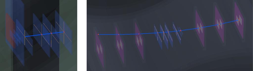 Figure 4. Reconstructed particle tracks in the DESY beam test. Left: Straight track through the four SVD planes (no magnetic field).