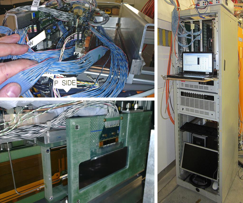 Figure 5. Photos of the DESY beam test setup. Bottom left: front-end detector modules (L3 sensor is exposed, L4 detector module is partly visible). Top left: Junction box located 2.