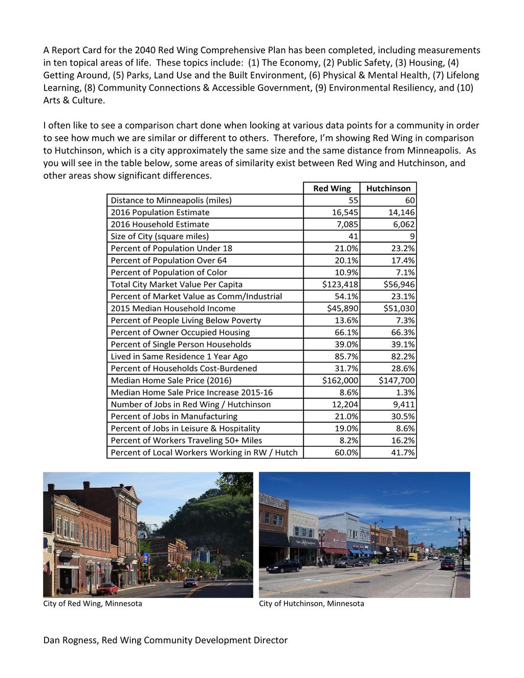 A Report Card for the 2040 Red Wing Comprehensive Plan has been completed, including measurements in ten topical areas of life.