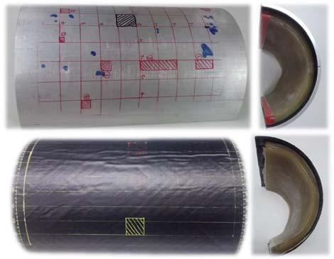 The same type of polyimide films were seeded as simulated delaminations at the two bond line interfaces. The aluminum tube casing was 6.35 mm thick and the carbon fiber casing was 2.5 mm in thickness.