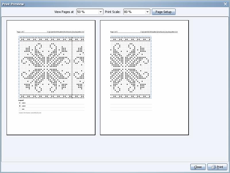 Knit Visualizer 1.2 Manual Page 19 of 46 Print Preview You can print directly to your printer using the Print button, or you can see how it will fit on the page(s) by using the Print Preview feature.