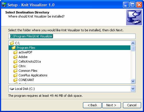 Knit Visualizer 1.2 Manual Page 6 of 46 Destination Directory Select where you would like to install Knit Visualizer.
