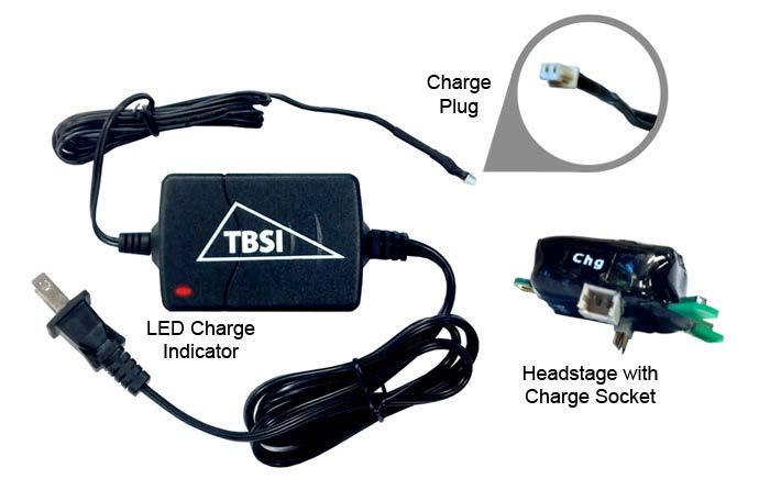 Recharging is accomplished by the following procedure: a) Turn off the headstage transmitter using the magnetic wand (blue light will turn off as indication).