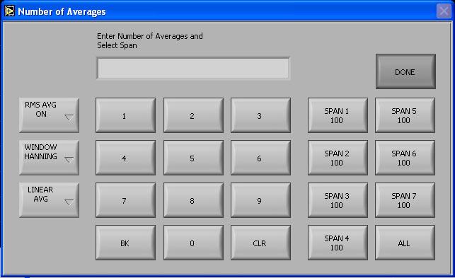 FFT SETUP SET AVERAGE Opens the Number of Averages dialog box where the averaging parameters for the measurement are selected. The dialog box is shown at the top of the page.