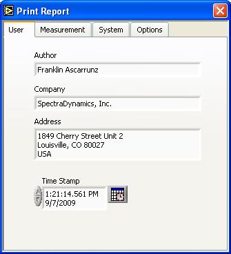 FFT Print Report Dialog Box USER TAB Under this tab the user may enter information that will appear in the report that is generated by the software.