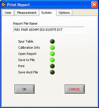 Print Sends the report to the printer. A printer options dialog box will open. Save Ascii File The data in the report will be saved to an ascii file.