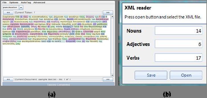 456 G. Stylios, D. Tsolis, and D. Christodoulakis Fig. 1. (a) The Tagger software automatically tags nouns, adjectives, articles, verbs, conjunctions and adverbs using different colors.