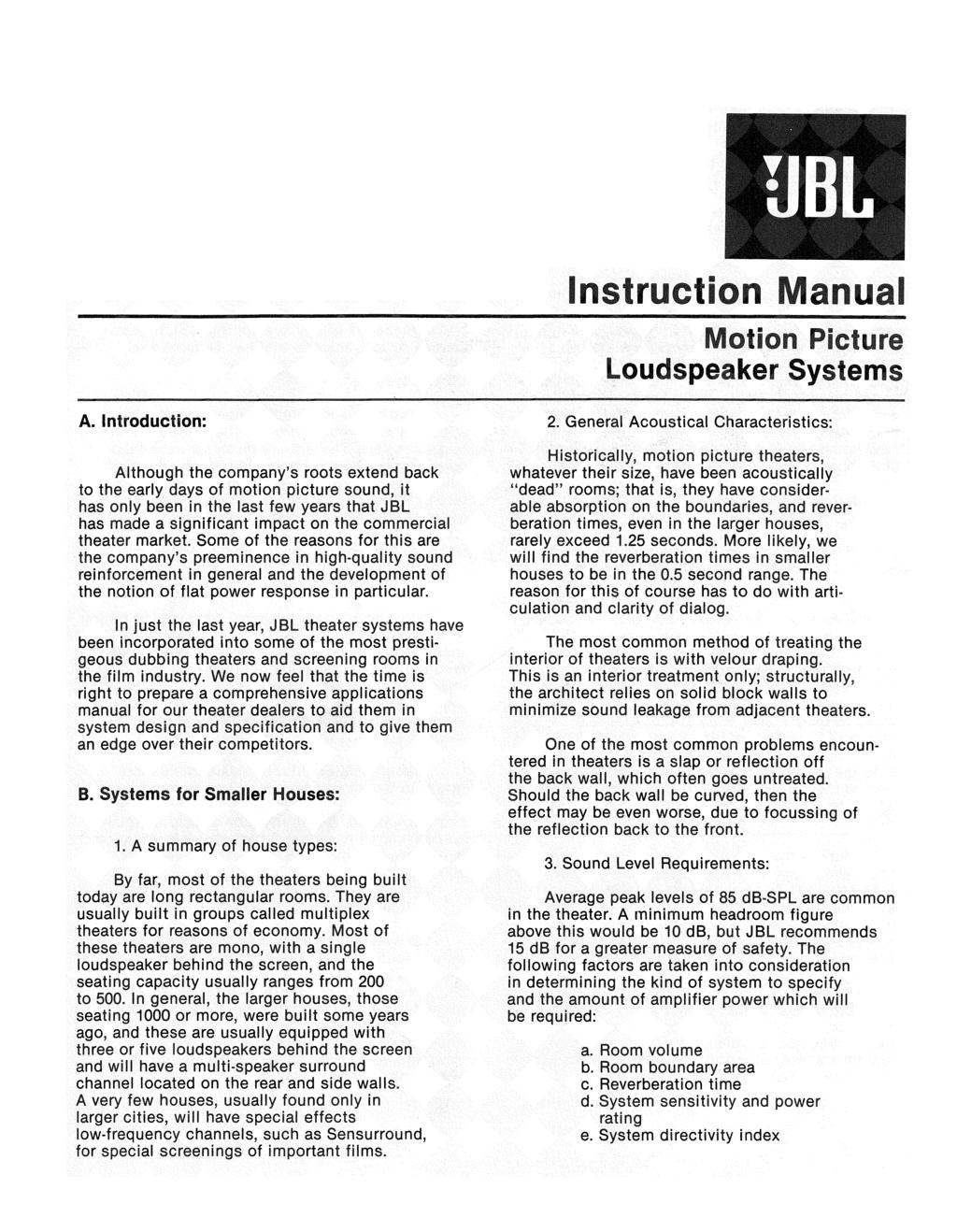 Instruction Manual Motion Picture Loudspeaker Systems A.
