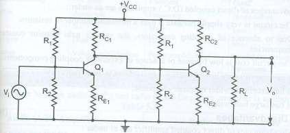 Function of components: 1. Transistors Q1 and Q2 used to provide gain 2. R1 and R2 form a voltage or potential divider network used for biasing purpose 3.