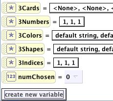 Create three more arrays: 3Numbers (type Number), 3Colors (type String), and 3Shapes (type String) the same way. Each should have 3 items, and you can keep the default values of 1.