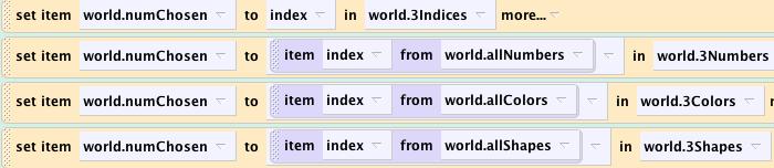 Drag 3Numbers below that line, and select set item <index> to <item>, expressions, numchosen, and 0.