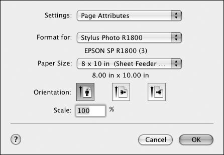 Mac OS X 1. Start your printing application and open your photo file. 2. Click File > Page Setup. 3. Select Stylus Photo R1800 as the Format for setting.