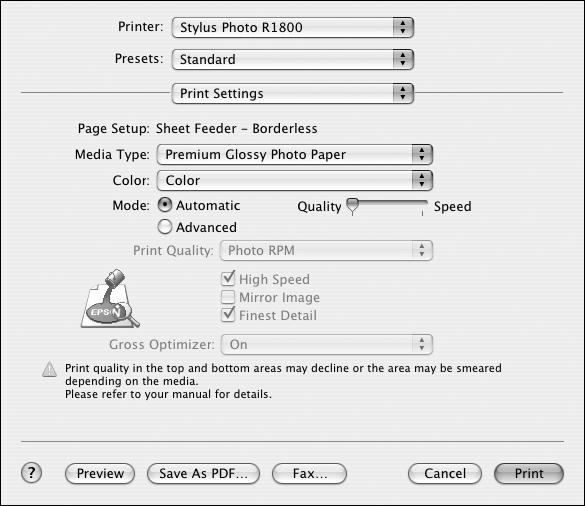 7. Click File > Print. 8. For the Printer setting, select Stylus Photo R1800. 9. Select Print Settings from the pop-up menu. 10. Select the type of paper you loaded as the Media Type setting.