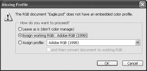 6. If you see the message shown below, select Assign working RGB: Adobe RGB (1998) and click OK. 7. When your image appears, evaluate the color balance and contrast as displayed on your monitor.