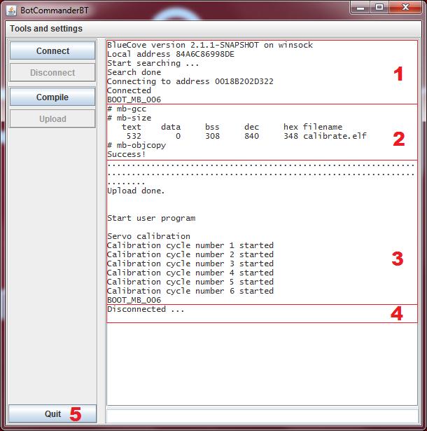 2.3 Using the BotCommanderBT GUI Figure 5. User interface BotCommanderBT is a user interface for programming the robot. 1. Connect Connecting to Boe-bot, robot must be turned on first 2.