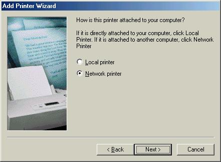 4. Select Network printer, then click Next. 5. On the next screen, click Browse. 6.