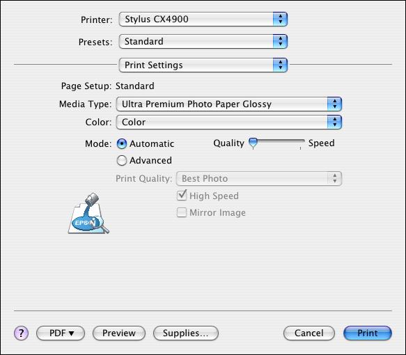 Select Stylus CX4900 in the Printer pop-up menu. 8. Select Print Settings from the pop-up menu. 9.