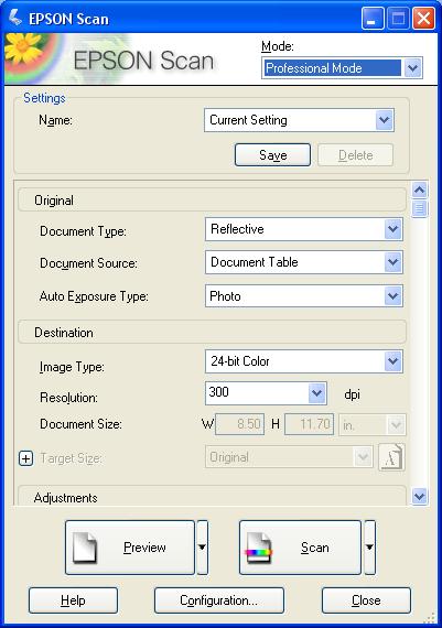 Professional Mode Before you scan your document or photo, you need to select these basic settings: Original settings. These tell Epson Scan the type of document or photo you are scanning.