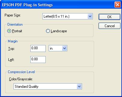 The File Save Settings window appears: Select PDF as the file type setting. The current Paper Size, Orientation, Margin, and Compression setting are displayed below it. 4.