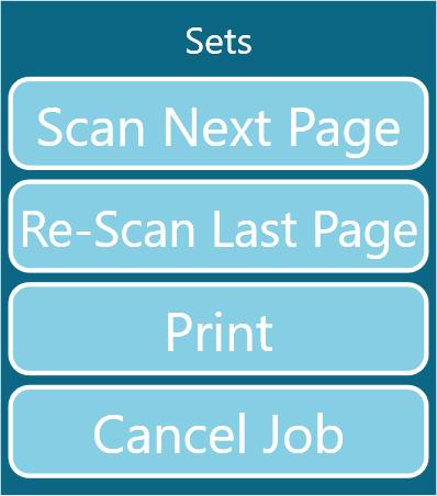 The number of pages scanned is displayed in the bottom left corner. The Copy Sets process is paused by using the Blue button and the following options are displayed.