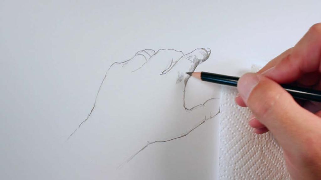 A 4B pencil is used to add the value and shading, starting with the areas that are observed to be the darkest.