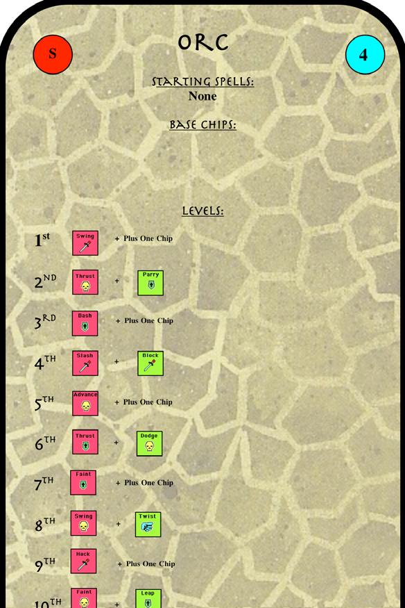 Seer S 2 Orc S Starting Spells: None Starting Spells: X1 spell of the player s choice and one water spell Gold: Base Chips Pick one for