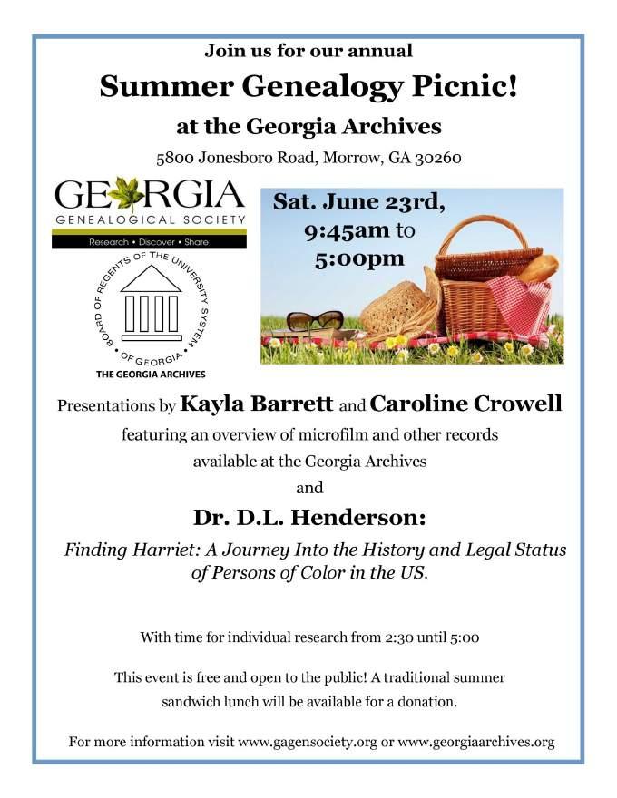 Georgia Genealogical Society Saturday, 23 June 2018 For more information go to