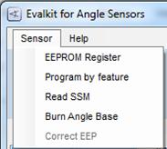 Programming 3.3 User menu Click on the Sensor menu and select one of the following options: EEPROM Register Program by feature Read SSM Burn Angle Base 3.3.1 EEPROM Register Select Sensor > EEPROM Register in the menu bar on the top to display the EEPROM register mapping.