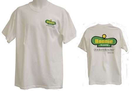 Bonnie T-shirts White Tee - BPF-WHTTEE White with green, yellow, and black Bonnie Plants logo on left chest and full size 3 color logo on