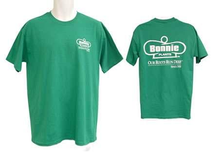 00 Dark Color Tee - BPF-DKTEE bright green or black tee with white one-color Bonnie Plants logo on left chest and one color full size on