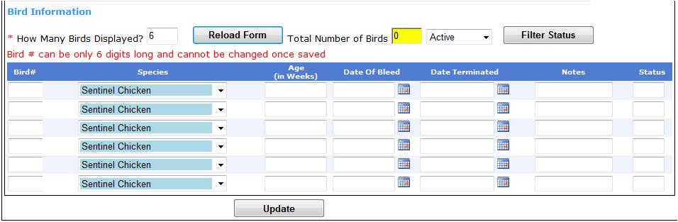 2f. Bird Information Bird number can only be 6 digits long. Bird number cannot be changed once it s been submitted. Bird numbers can not be duplicated.