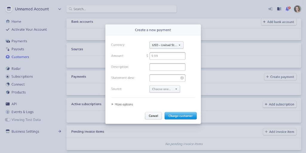 Processing a One-time Payment in Stripe: Go to the customer detail section (step 4 above) and then clicking on [Payment].