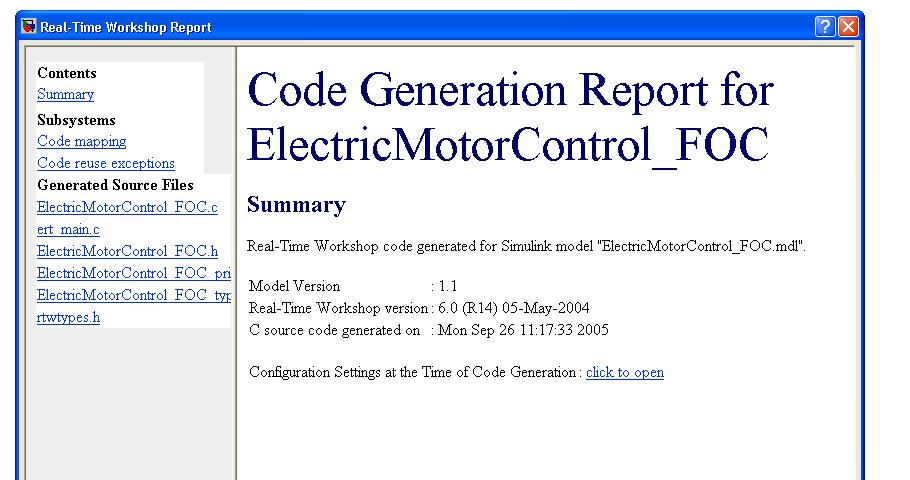 C code auto generation Figure 30. Generate code a) b) When the process is completed the HTML report windows will appear generating the files: ElectricMotorControl_FOC.c ElectricMotorControl_FOC.