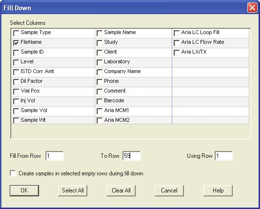 Exercise 2: Creating an Acquisition Sequence 5. Update the file names. a. Right-click the FileName column and choose Fill Down from the shortcut menu (Figure 23). Figure 23. Fill Down dialog box b.
