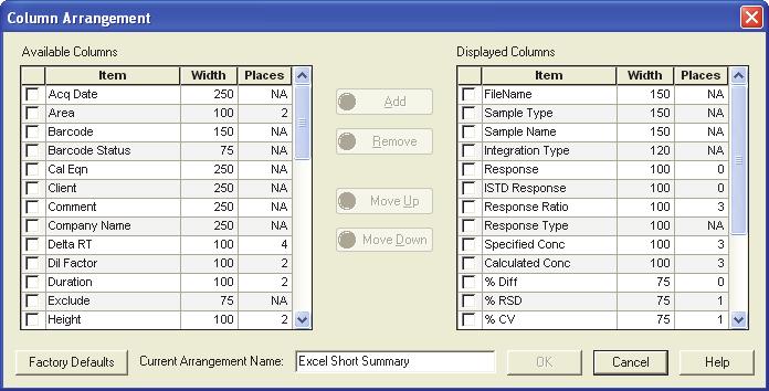 Column Arrangement dialog box The Displayed Columns list shows all the columns that are included in the Excel Short Summary report.