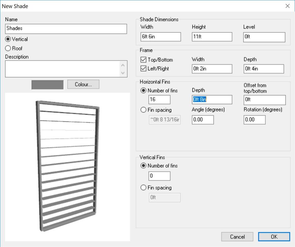 Creating Shades Modelling external shades in a 3D model takes into account both direct and diffuse shading. (This is true also of Feature Shades which are set up numerically in the Building Simulator.