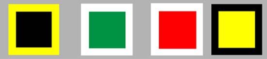 Visible in the order given bellow 1. Black on Yellow 2. Green on White 3. red on White 4.