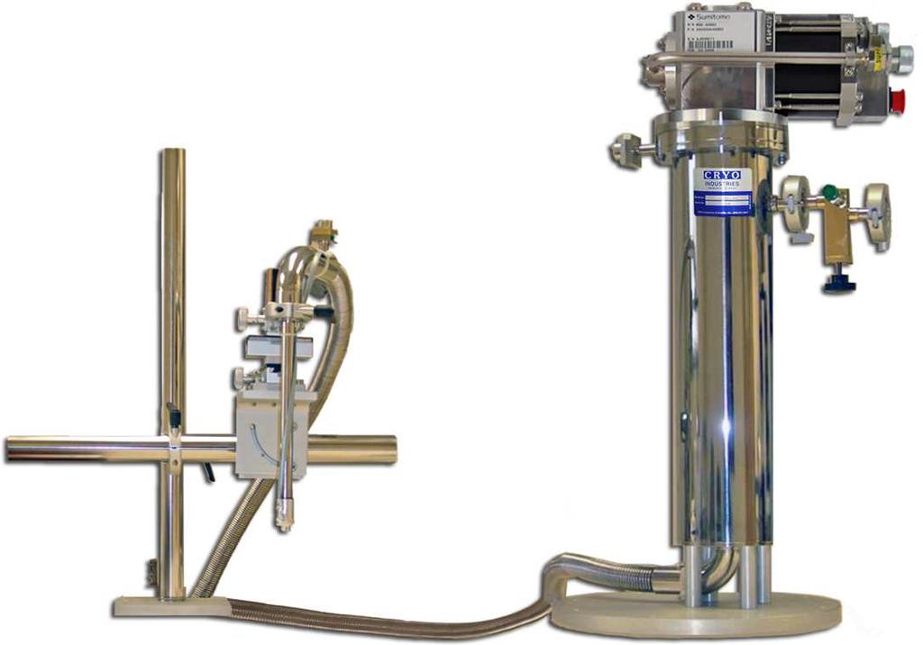 Figure 2.15: Helium and Nitrogen gas jet cryostat (Cryocool G2b-LT) consisting of the gas jet nozzle with alignment stage (left) and Gifford-McMahon cooler with heat exchanger (right).