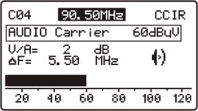 It also shows the V/A ratio and the C/N ratio in db. Figure 28. Audio Carrier Measurement. It shows the power level of the audio carrier at the frequency tuned.