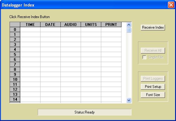 5.5 Datalogger Click the icon. It opens the Datalogger window. Figure 57. To receive an index with all existing loggers in your instrument, you should click the button Receive Index.