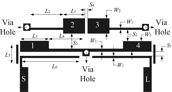 (a) (b) Fig. 3.. The circuit layouts of the proposed microstrip quarter-wave SIR filters. (a) The fourth-order quadruplet filter. (b) The fourth-order quadruplet filter with source-load coupling. 3. Coupling Schemes and Stepped Impedance Resonators The circuit layout in Fig.