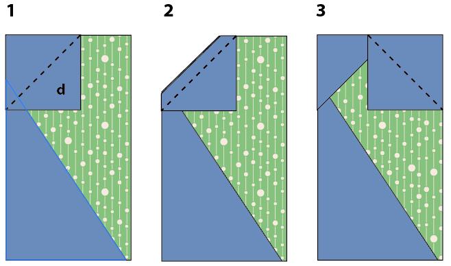 6 9 Add the corner triangles to this unit as follows. Place a g 1½in (3.8cm) square right sides together with the b/c unit, aligning the edges as in Fig F1. Sew along the diagonal as shown.